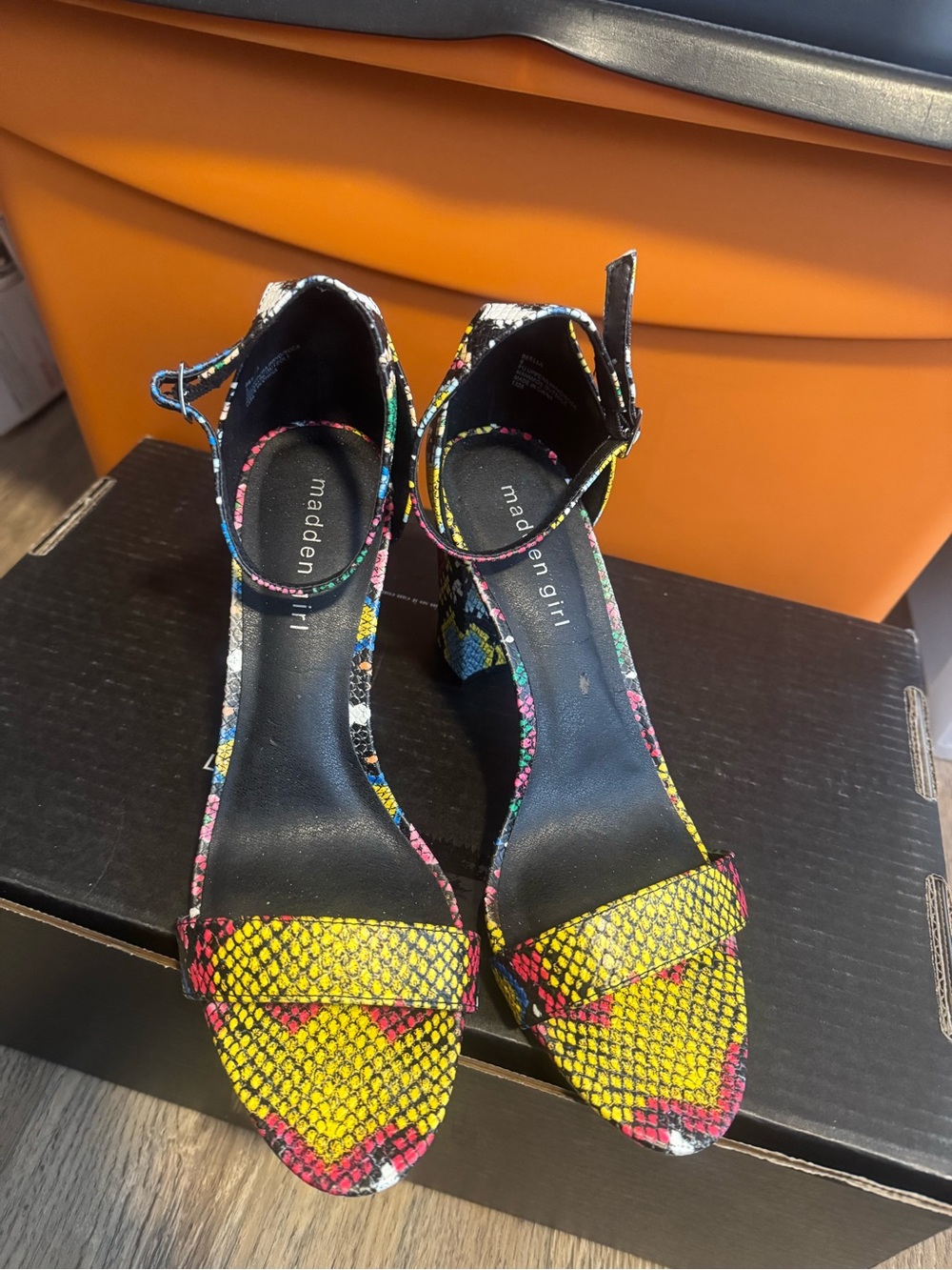Madden Girl Yellow Multi Snake-Print Ankle Strap Heels